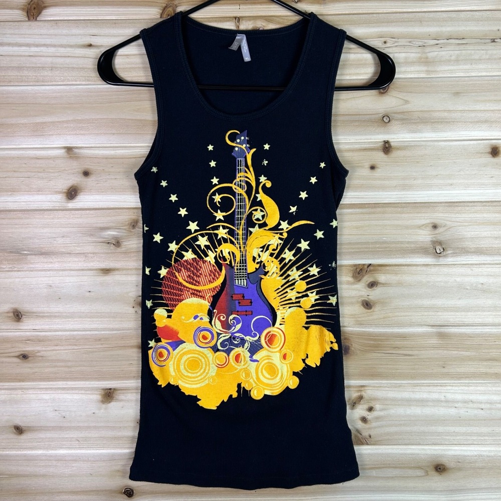 Max Rave Guitar Tank Top Womens XL Black Pop Art Colorful Guitar Shirt